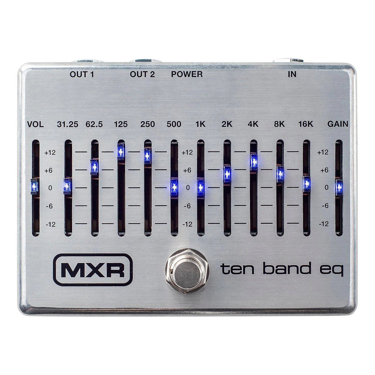 chính diện mặt trên MXR M108S Ten Band EQ với 10 thanh trượt băng tần, thanh VOL, GAIN và đèn LED xanh dương