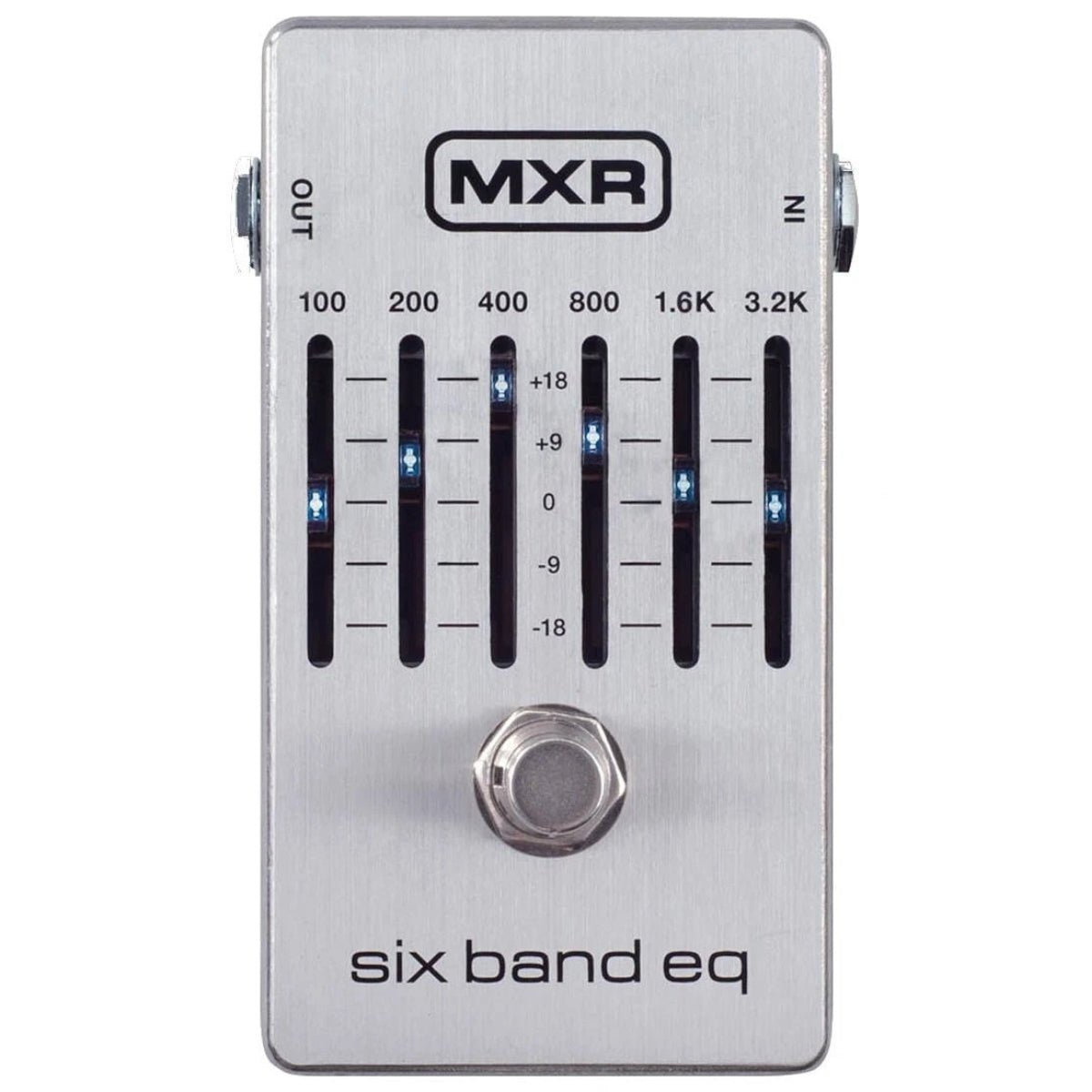 Phơ EQ MXR M109S Six Band EQ – mặt trên với 6 cần gạt EQ 100 Hz–3.2 kHz có đèn LED xanh