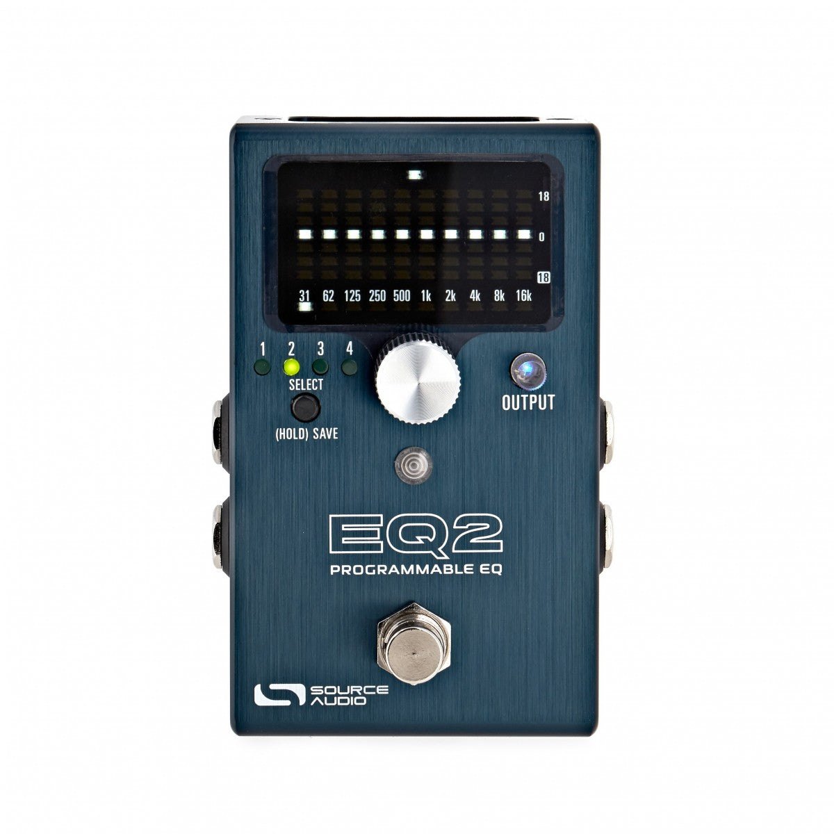 Phơ EQ Source Audio EQ2 Programmable – mặt trên với màn LED 10 băng tần, núm chỉnh và núm OUTPUT