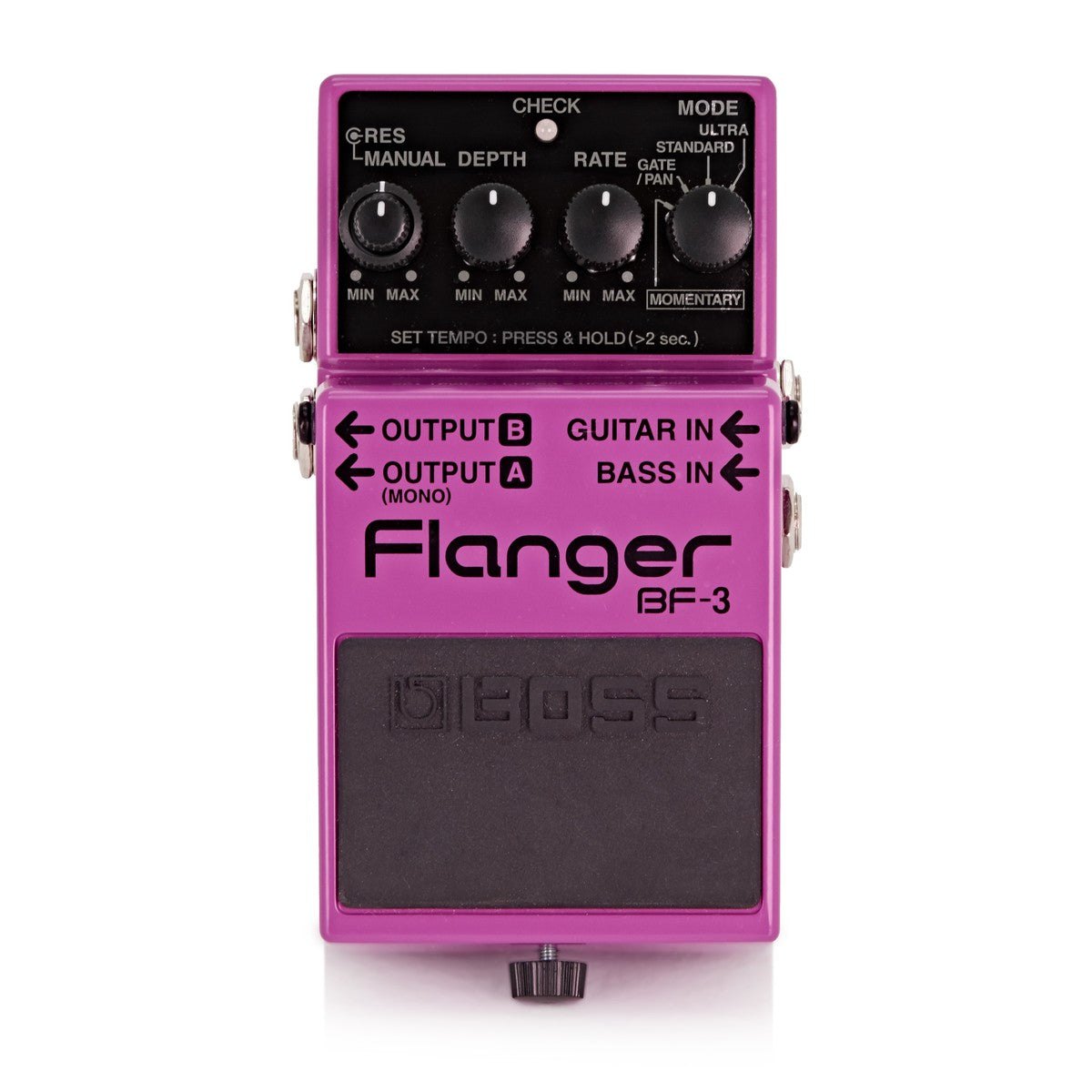 Phơ Flanger BOSS BF-3 – mặt trên với núm RES/MANUAL, DEPTH, RATE và núm MODE 4 chế độ