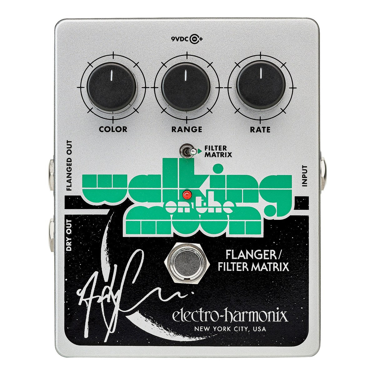 Mặt trên Electro-Harmonix Andy Summers Walking On The Moon với ba núm COLOR, RANGE, RATE và công tắc FILTER MATRIX