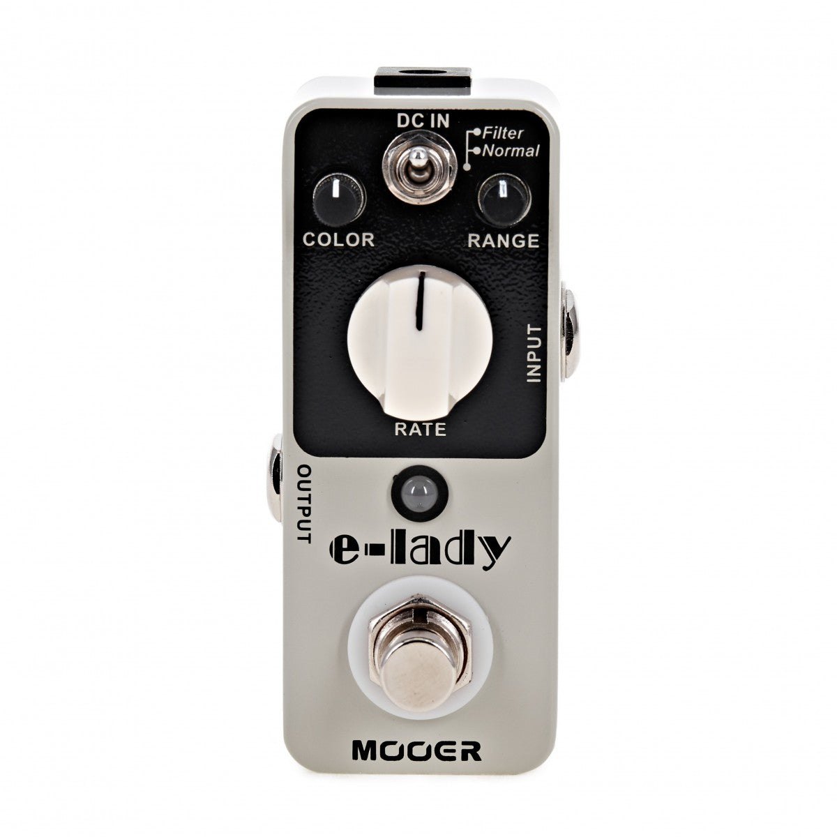 Phơ Flanger Mooer E-Lady – mặt trên với núm COLOR, RATE, RANGE và công tắc Filter/Normal