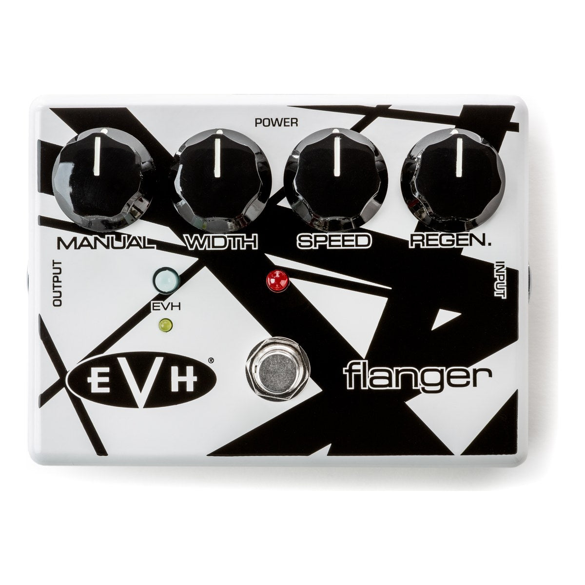 chính diện mặt trên MXR EVH117 Flanger vỏ trắng sọc đen với 4 núm MANUAL, WIDTH, SPEED, REGEN. và nút EVH