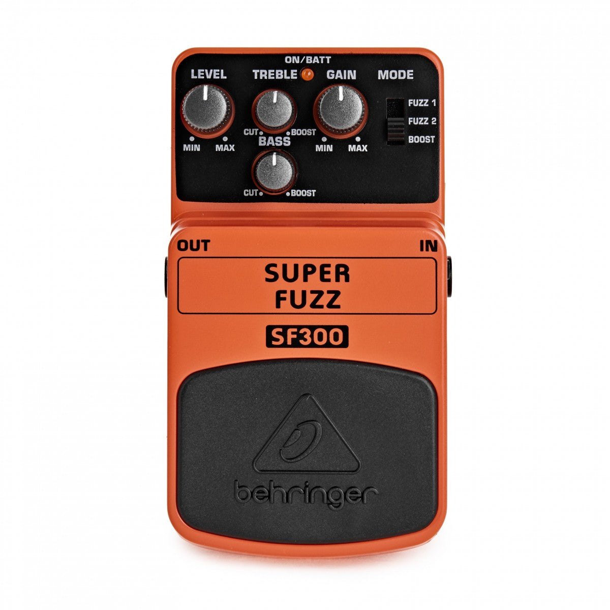 Phơ Fuzz Behringer SF300 Super Fuzz – mặt trên với núm LEVEL, TREBLE, BASS, GAIN và công tắc MODE
