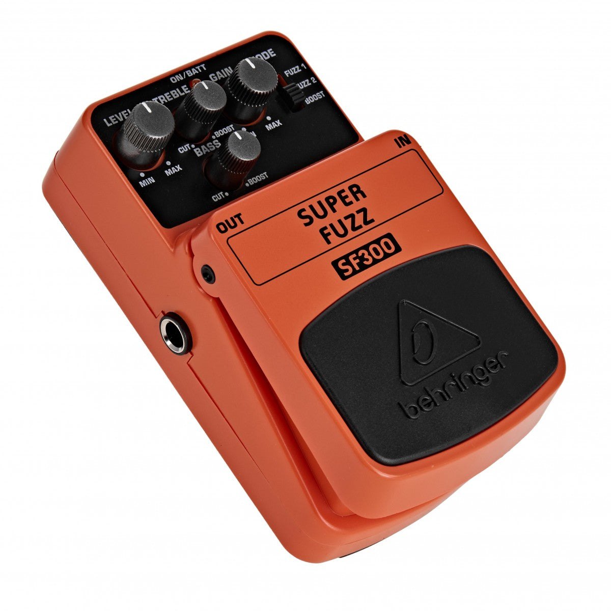Phơ Fuzz Behringer SF300 Super Fuzz – góc nghiêng trái, vỏ màu cam và cổng OUT bên hông