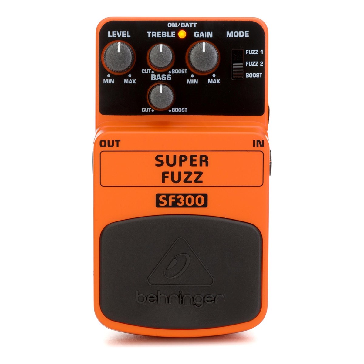 chính diện mặt trên Behringer SF300 Super Fuzz với núm LEVEL, TREBLE, BASS, GAIN và gạt MODE