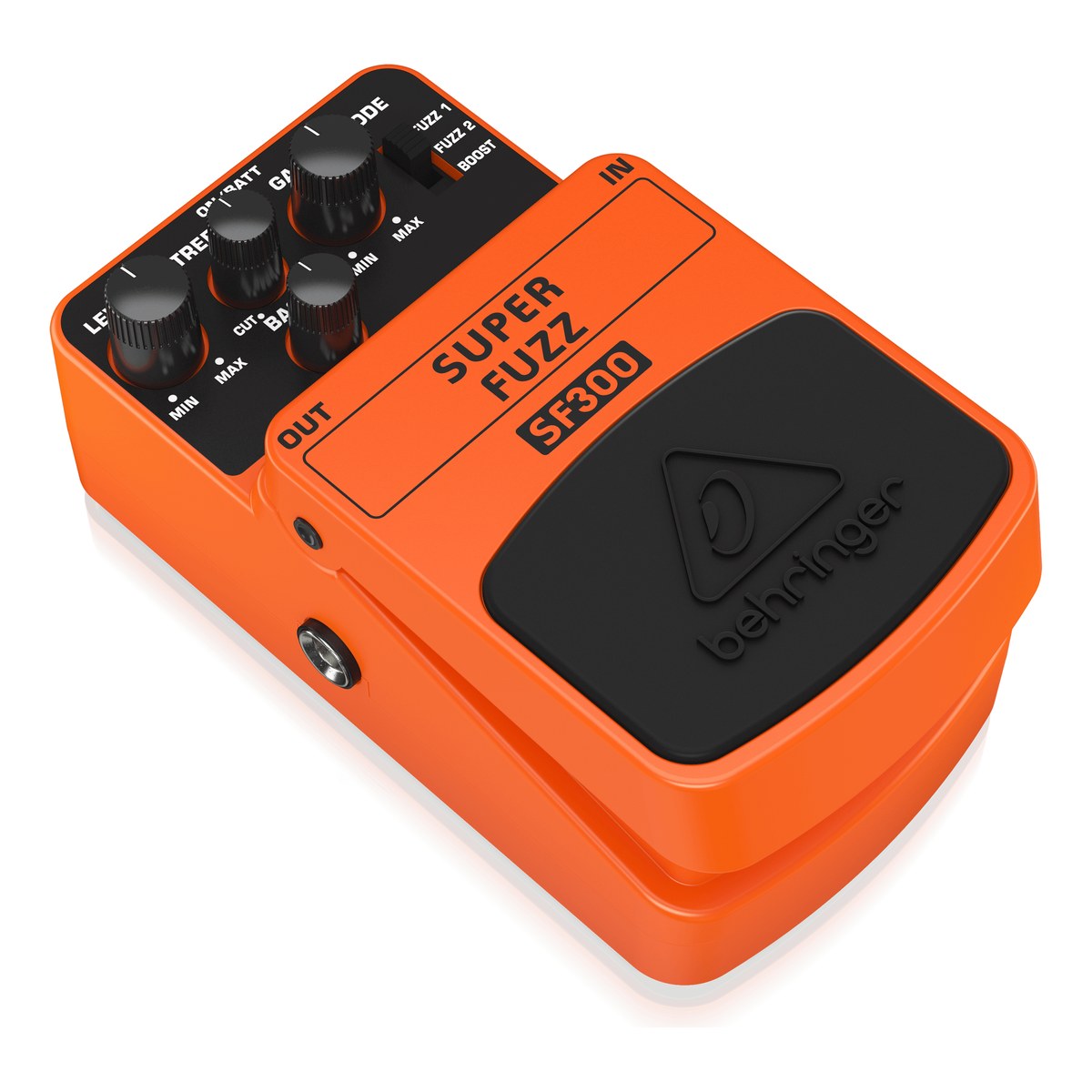 góc nghiêng trái Behringer SF300 Super Fuzz, thấy jack OUT