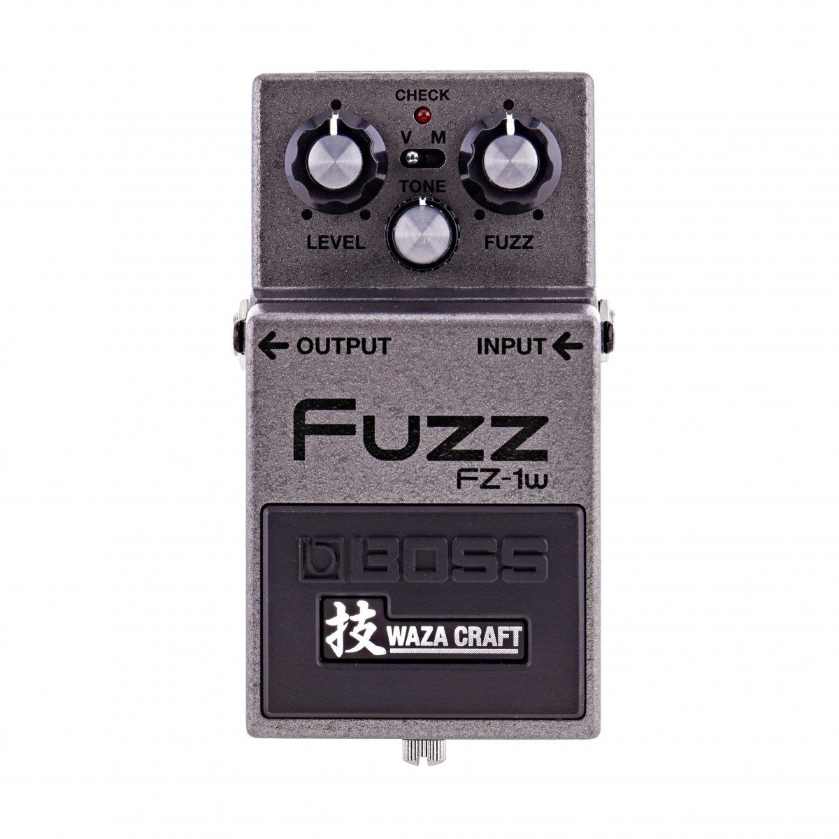 Phơ Fuzz BOSS FZ-1W Waza Craft Fuzz – mặt trên với núm LEVEL, TONE, FUZZ và công tắc chế độ V/M