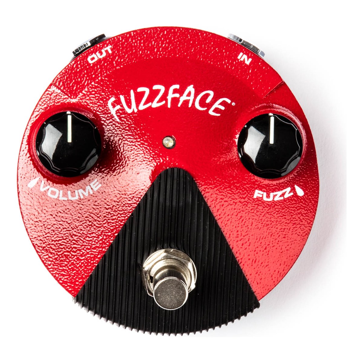 Mặt trên Dunlop FFM2 Germanium Fuzz Face Mini với núm VOLUME, FUZZ và đèn LED
