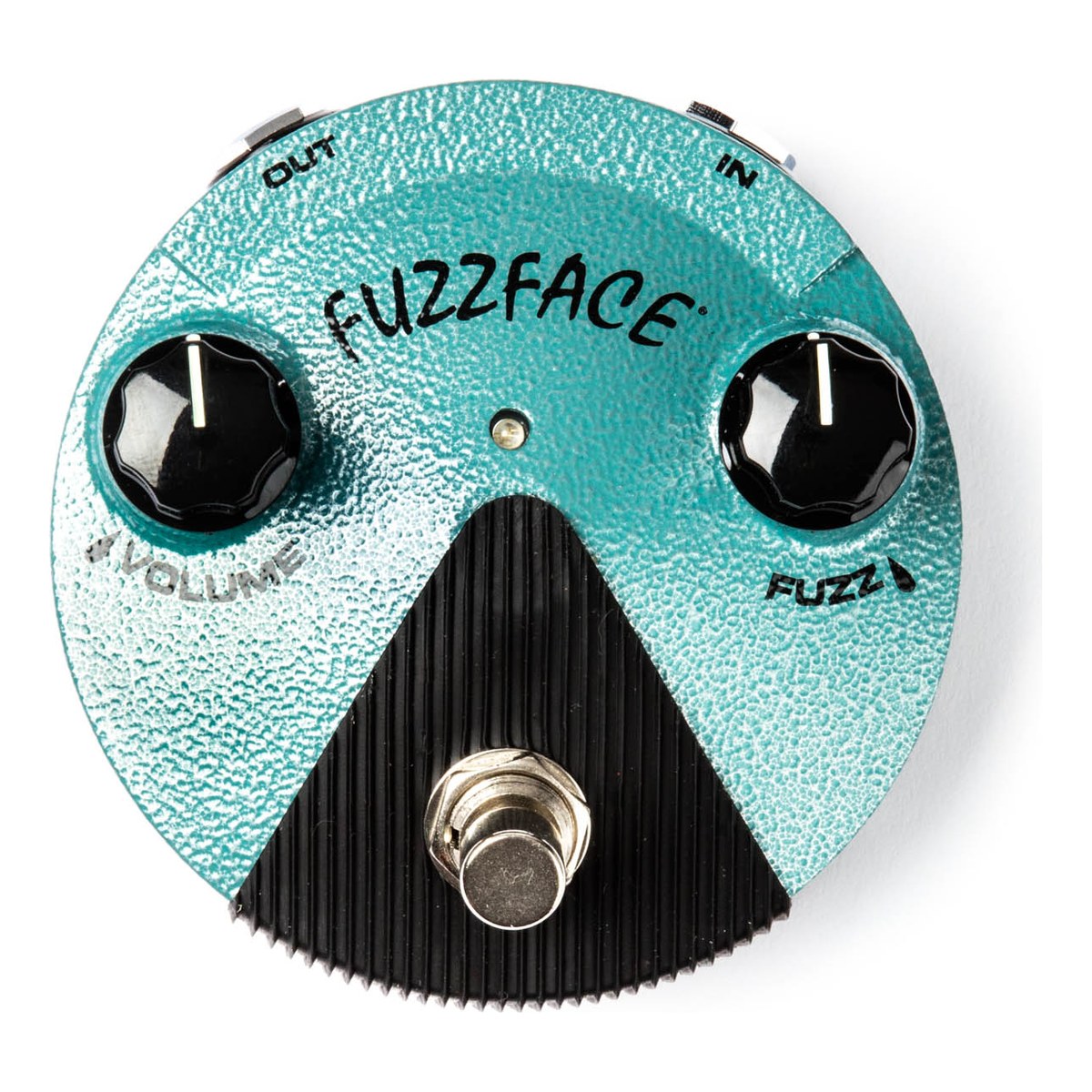 Mặt trên Dunlop FFM3 Jimi Hendrix Fuzz Face Mini màu turquoise với núm VOLUME, FUZZ và đèn LED