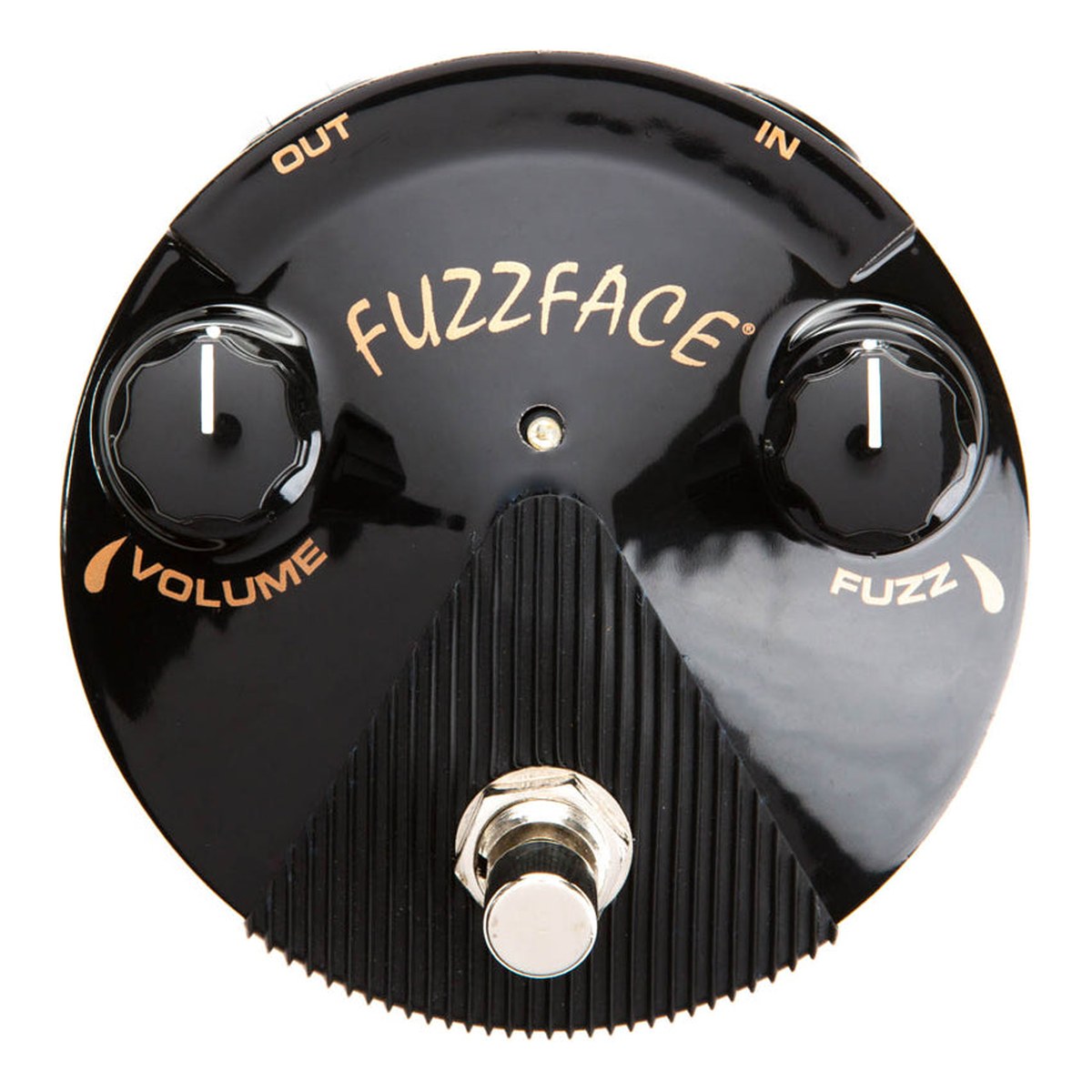 Mặt trên Dunlop FFM4 Joe Bonamassa Fuzz Face Mini đen bóng với núm VOLUME, FUZZ chữ vàng