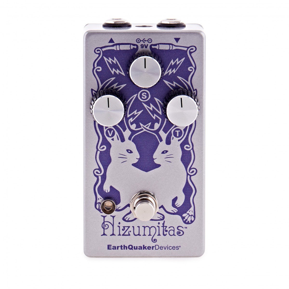 Phơ Fuzz EarthQuaker Devices Hizumitas Fuzz Sustainar – mặt trên với 3 núm V, S, T và hoạ tiết tím trên nền bạc