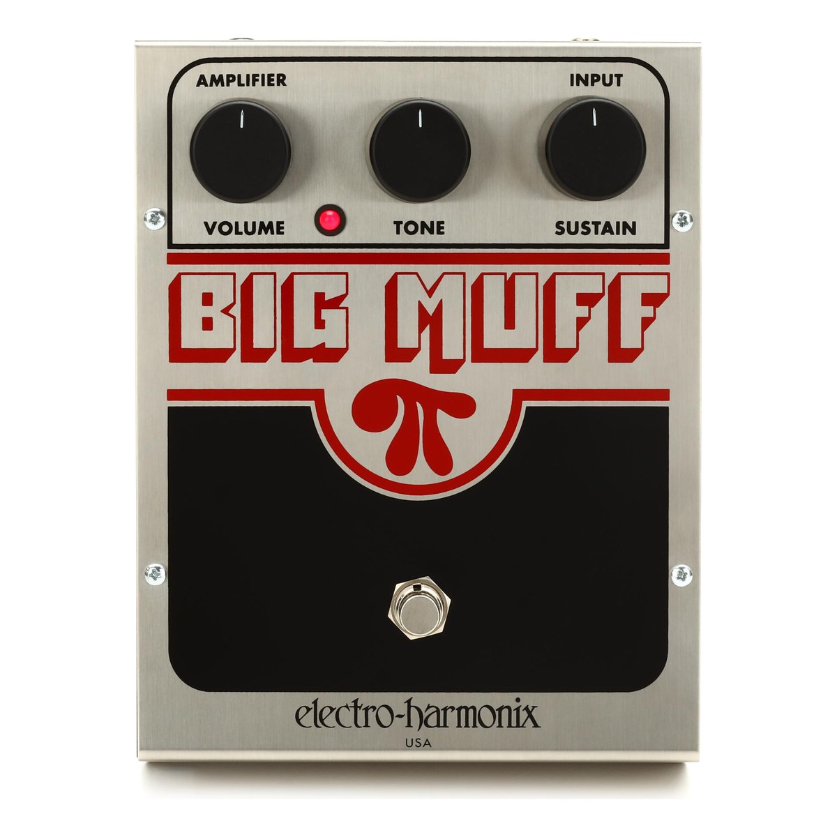 Chính diện Electro-Harmonix Big Muff Pi bản NYC vỏ lớn, chữ BIG MUFF đỏ, 3 núm VOLUME, TONE, SUSTAIN