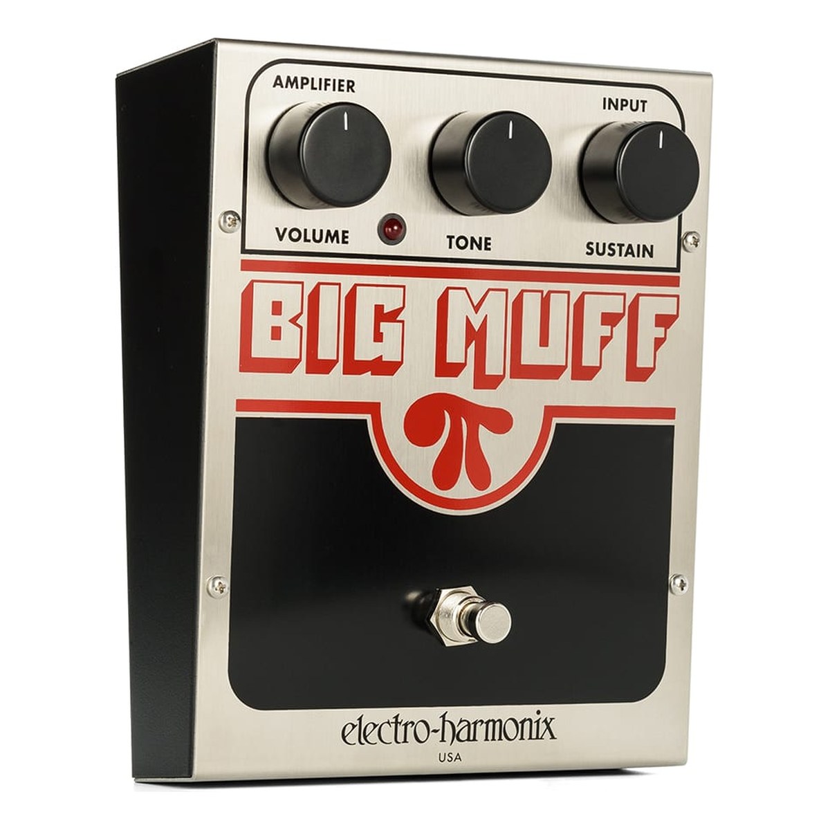 Big Muff Pi nhìn chéo, thấy cạnh vỏ sơn đen và dòng chữ electro-harmonix USA