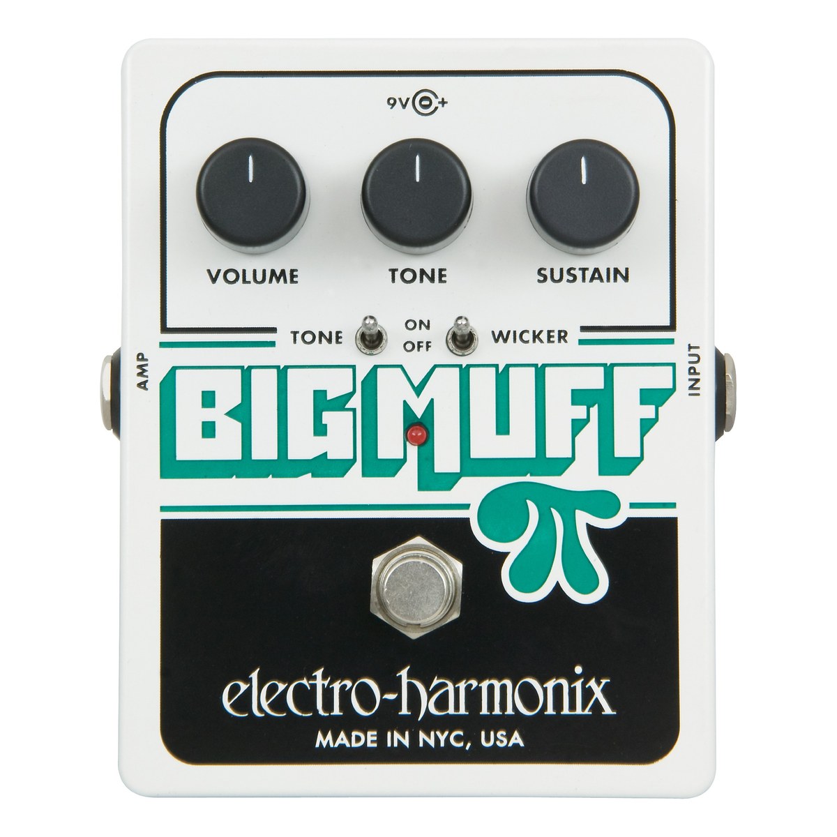 Phơ Fuzz Electro-Harmonix Big Muff Pi with Tone Wicker – mặt trên Big Muff Pi with Tone Wicker nền trắng với 3 núm và 2 công tắc TONE, WICKER