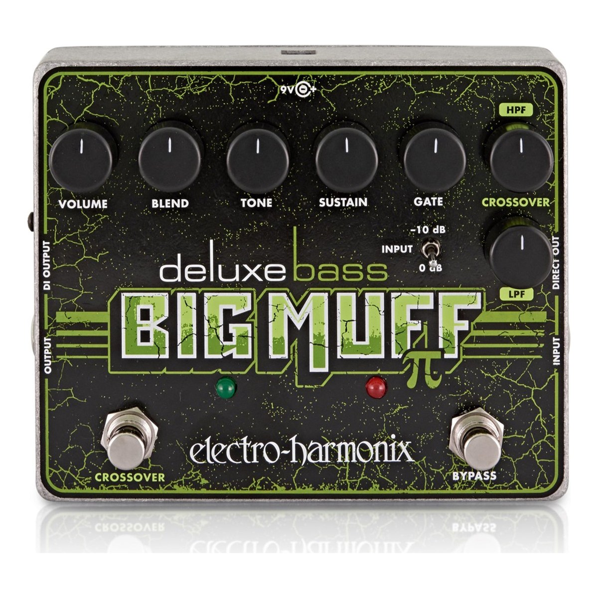 Phơ Fuzz Electro-Harmonix Deluxe Bass Big Muff Pi – Mặt trên Deluxe Bass Big Muff Pi với 6 núm, công tắc INPUT và 2 footswitch CROSSOVER, BYPASS