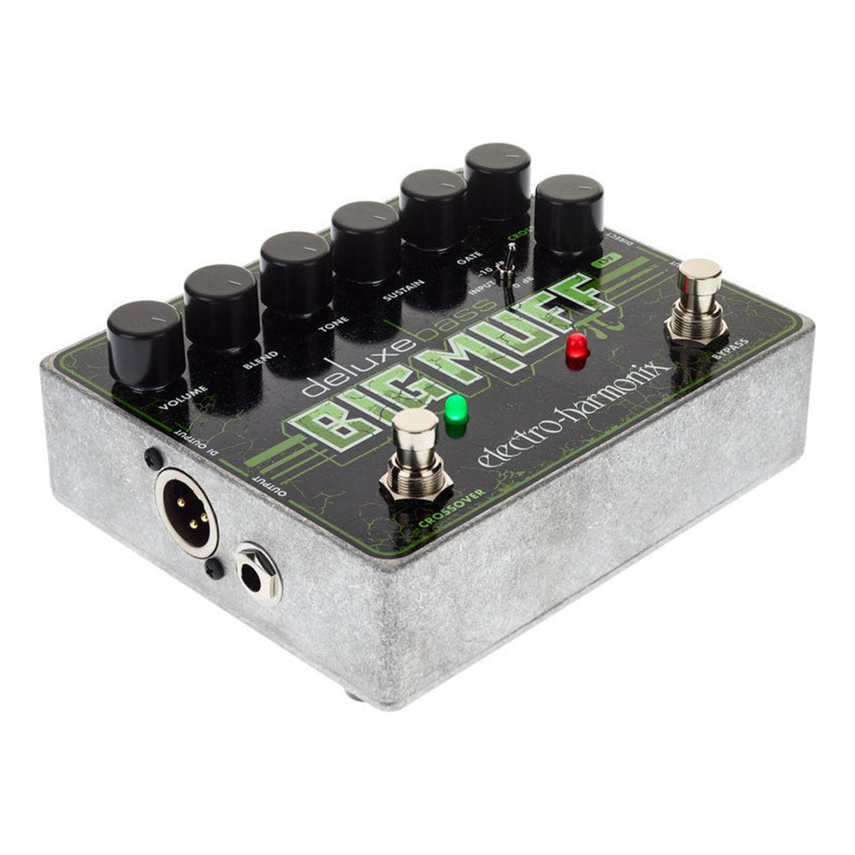 Phơ Fuzz Electro-Harmonix Deluxe Bass Big Muff Pi – Cạnh bên với cổng DI OUTPUT XLR và jack OUTPUT