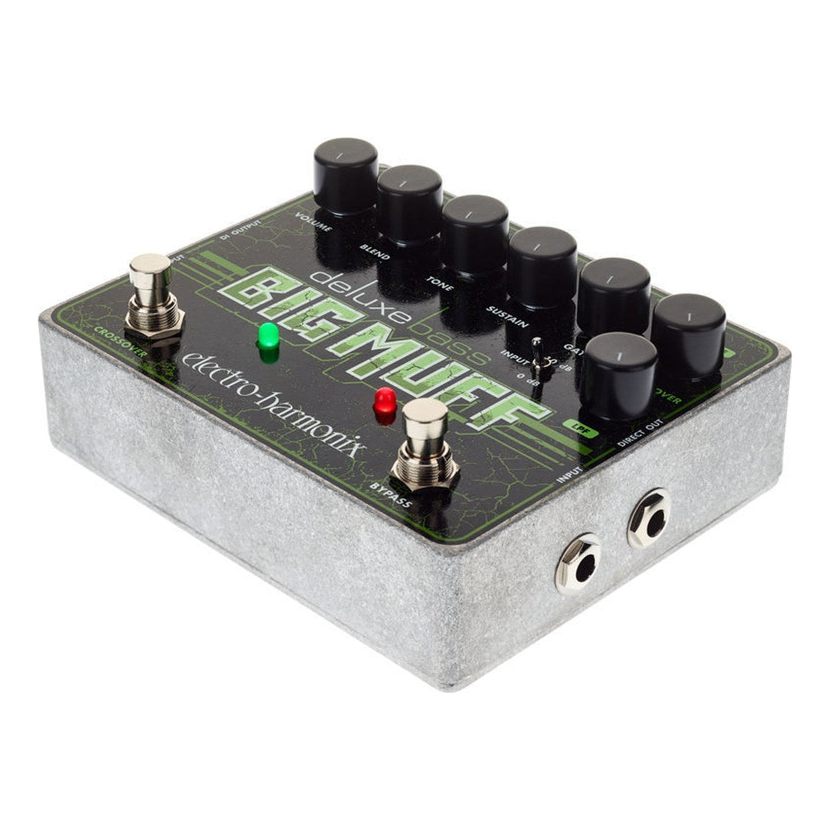 Phơ Fuzz Electro-Harmonix Deluxe Bass Big Muff Pi – Cạnh bên với jack INPUT và DIRECT OUT