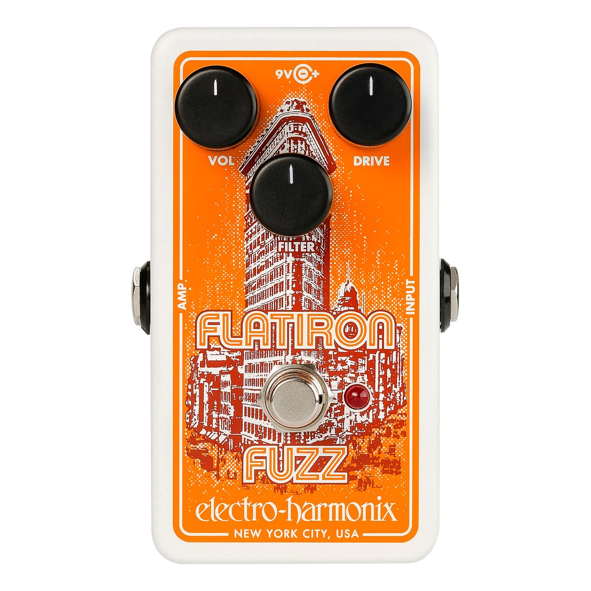 Chính diện Electro-Harmonix Flatiron Fuzz vỏ trắng cam, hình tòa nhà Flatiron, 3 núm VOL, DRIVE, FILTER