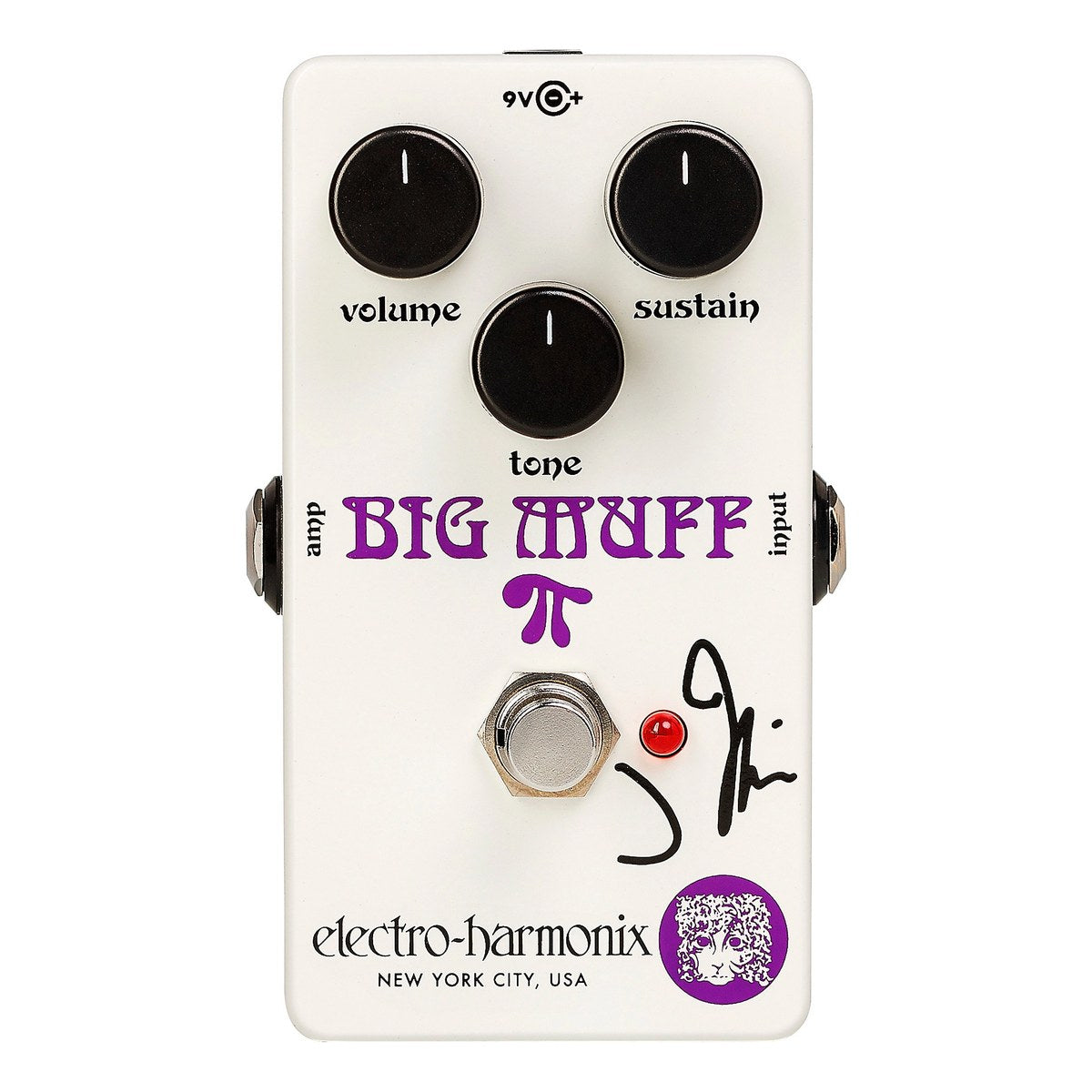 Chính diện Electro-Harmonix J Mascis Ram's Head Big Muff Pi sơn trắng, chữ BIG MUFF tím và chữ ký J Mascis