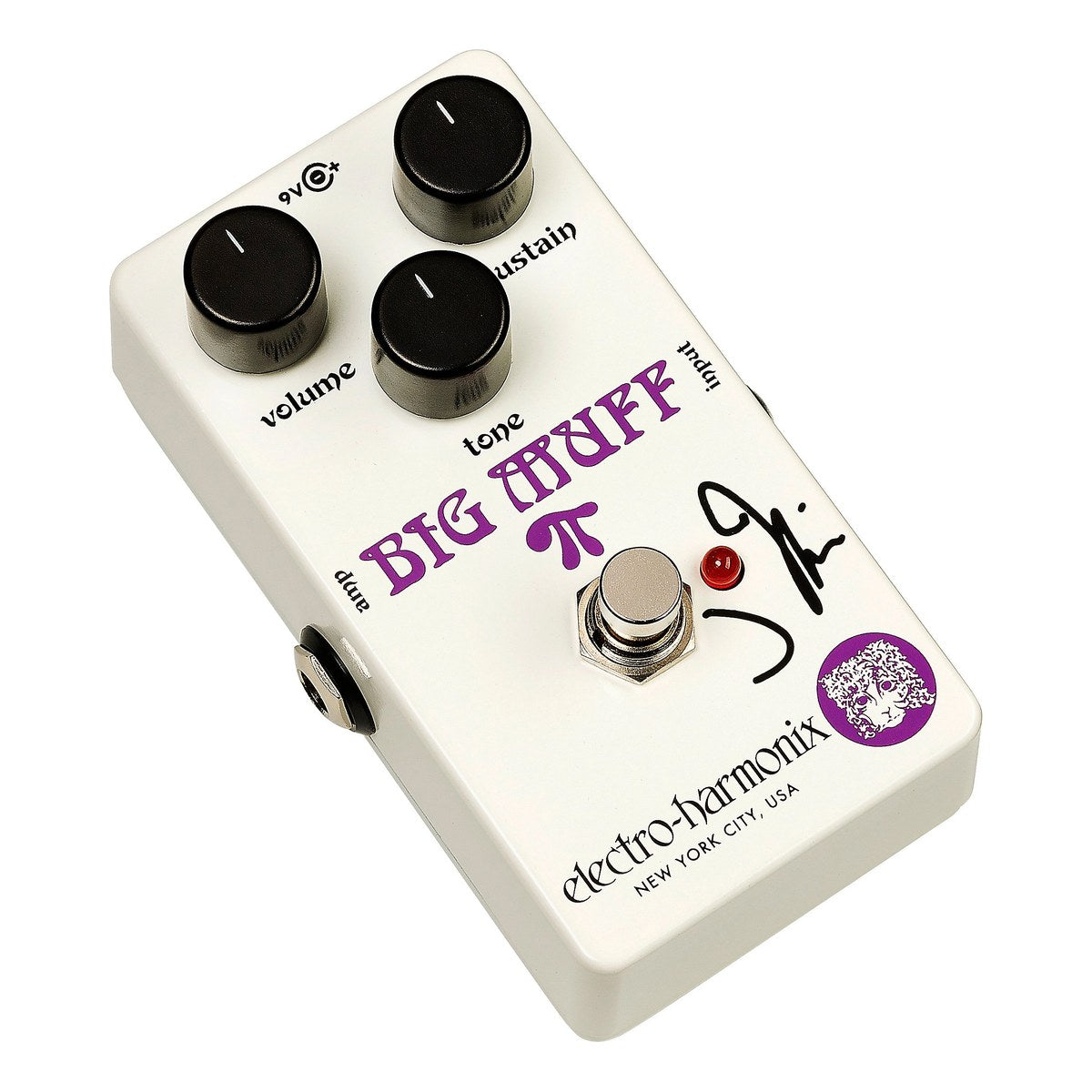 Phơ Fuzz Electro-Harmonix J Mascis Ram's Head Big Muff Pi - J Mascis Big Muff nhìn chéo từ bên trái, thấy jack amp