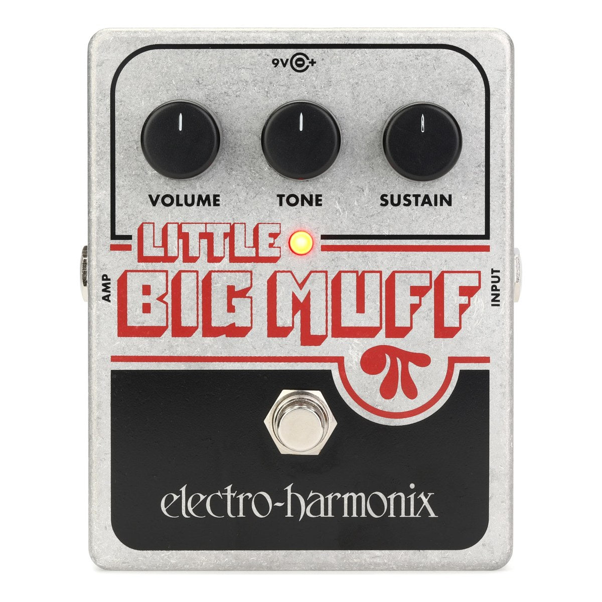Chính diện Electro-Harmonix Little Big Muff Pi với 3 núm VOLUME, TONE, SUSTAIN và đèn LED đang sáng