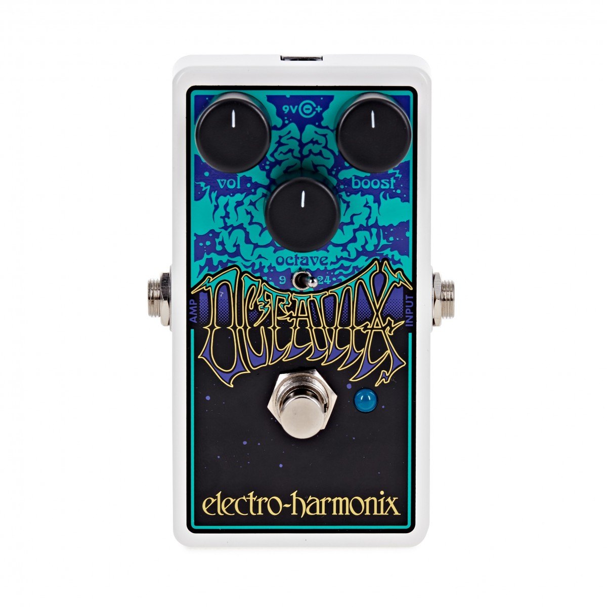 Phơ Fuzz Electro-Harmonix Octavix Octave Fuzz – mặt trên với núm vol, boost, octave và công tắc gạt