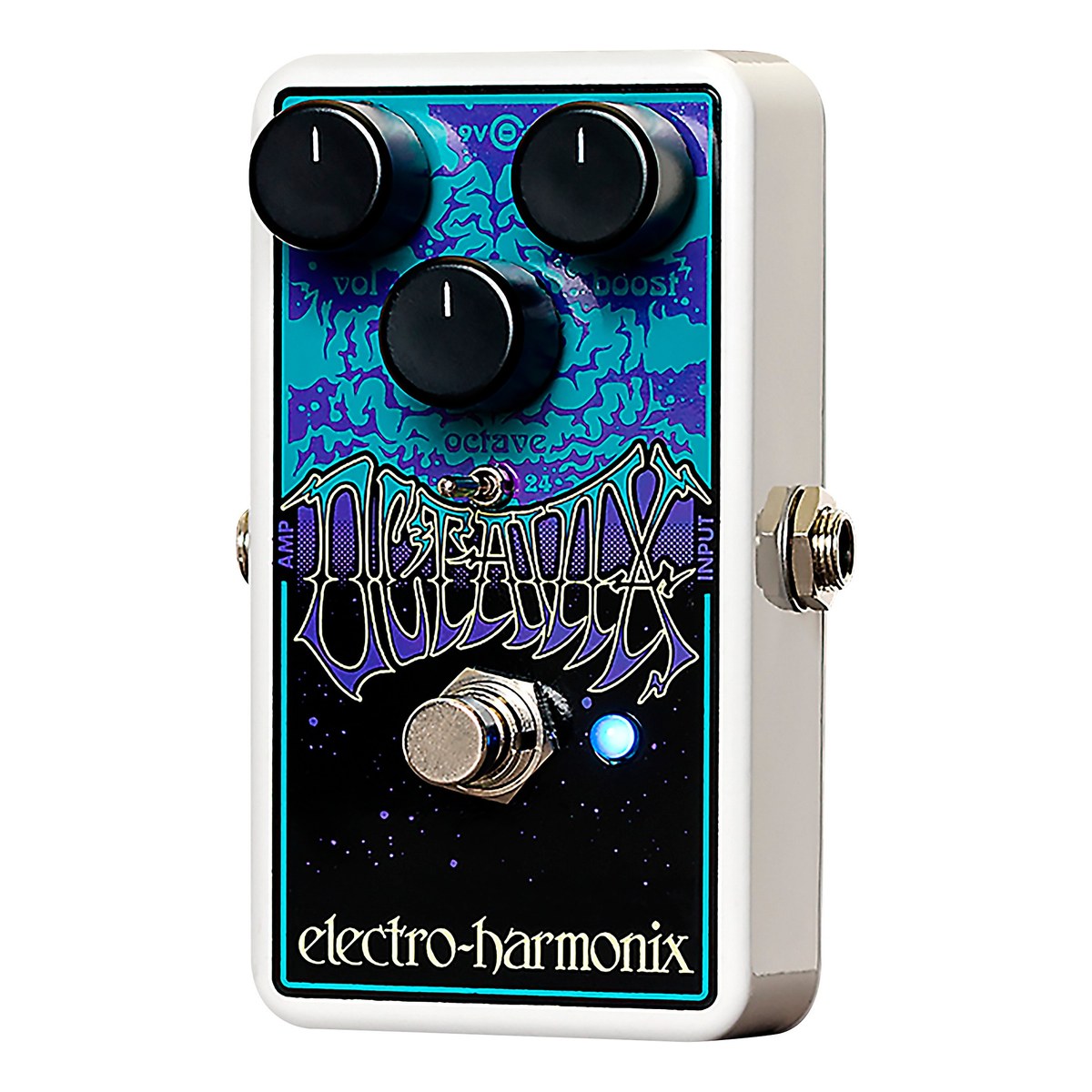 Electro-Harmonix Octavix Octave Fuzz nhìn chéo nhẹ mặt trên: núm vol, boost, octave, công tắc 9/24, jack AMP và INPUT
