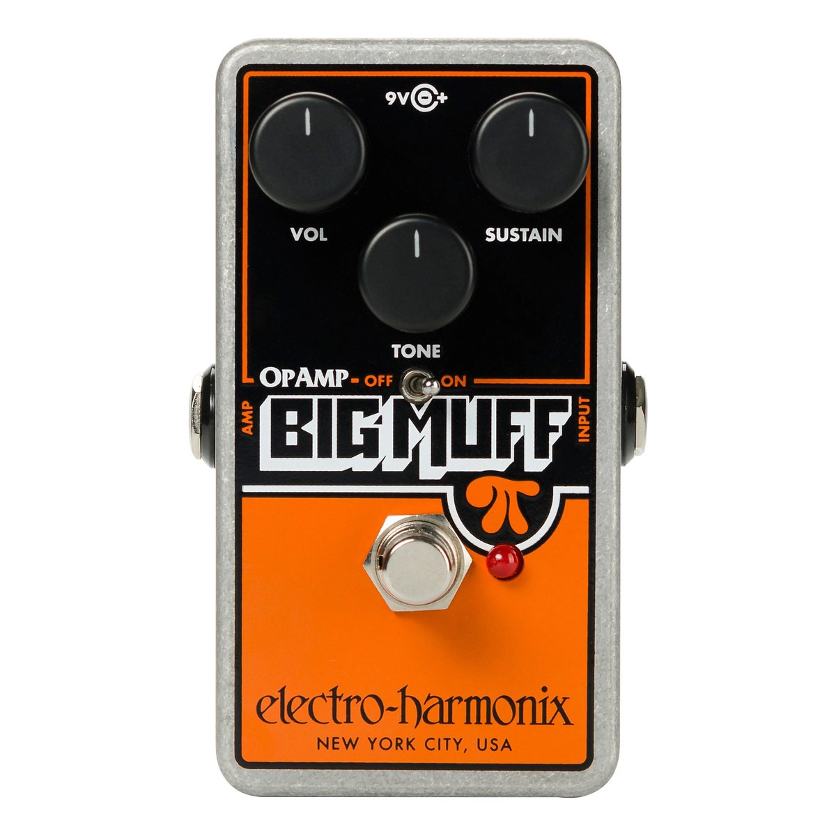 Chính diện Electro-Harmonix Op-Amp Big Muff Pi với 3 núm VOL, SUSTAIN, TONE và công tắc TONE OFF/ON