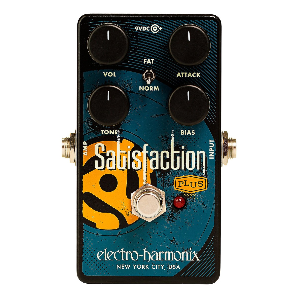 Chính diện Electro-Harmonix Satisfaction Plus với 4 núm VOL, ATTACK, TONE, BIAS và công tắc FAT/NORM