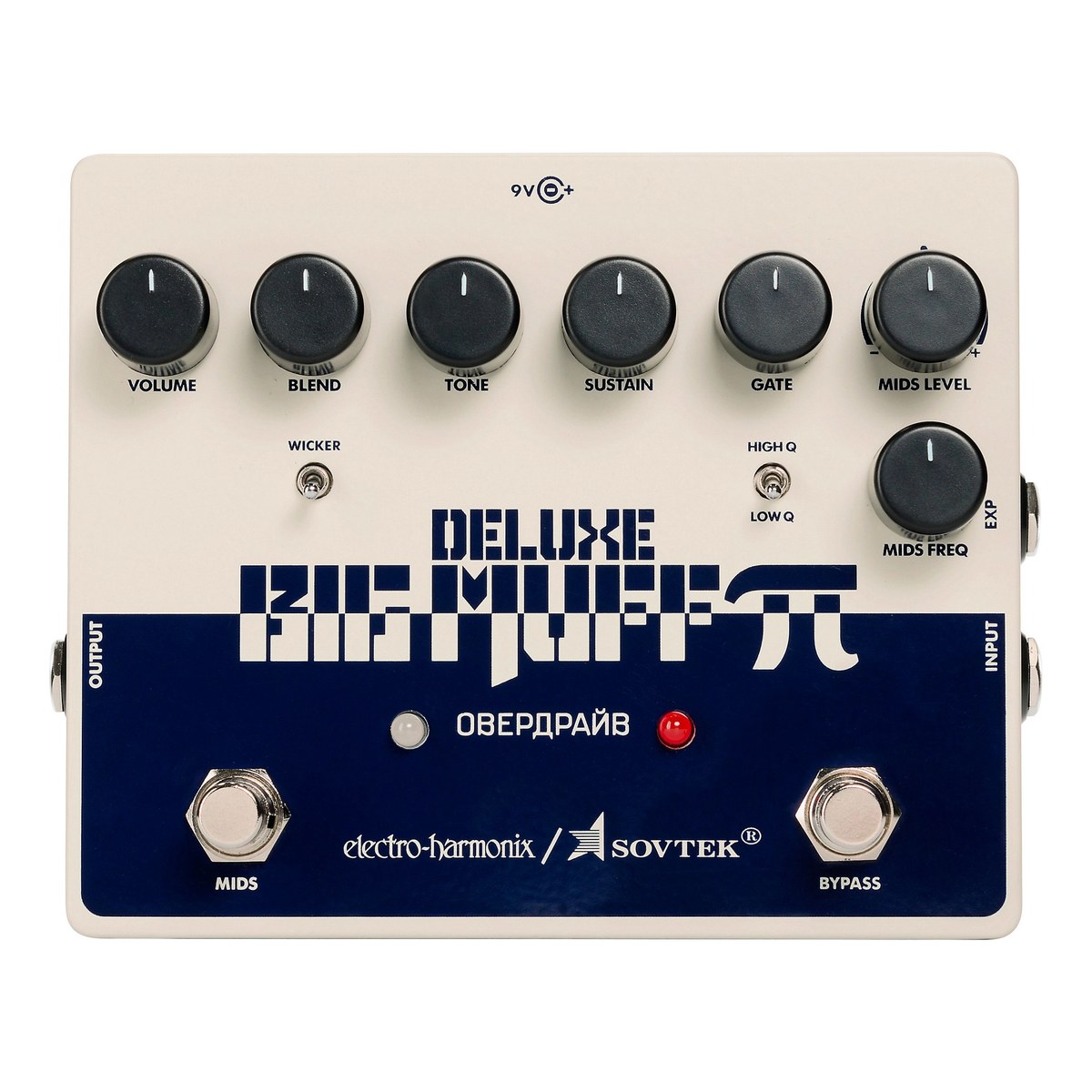 Chính diện Electro-Harmonix Sovtek Deluxe Big Muff Pi với 7 núm, công tắc WICKER, HIGH Q/LOW Q và hai footswitch MIDS, BYPASS