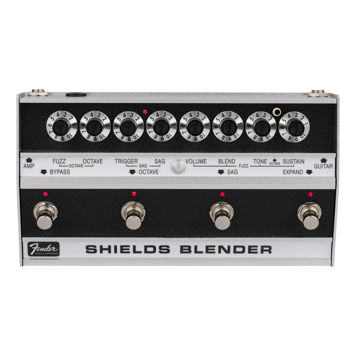 Fender Shields Blender chính diện: 8 núm, 4 footswitch, bảng chữ SHIELDS BLENDER