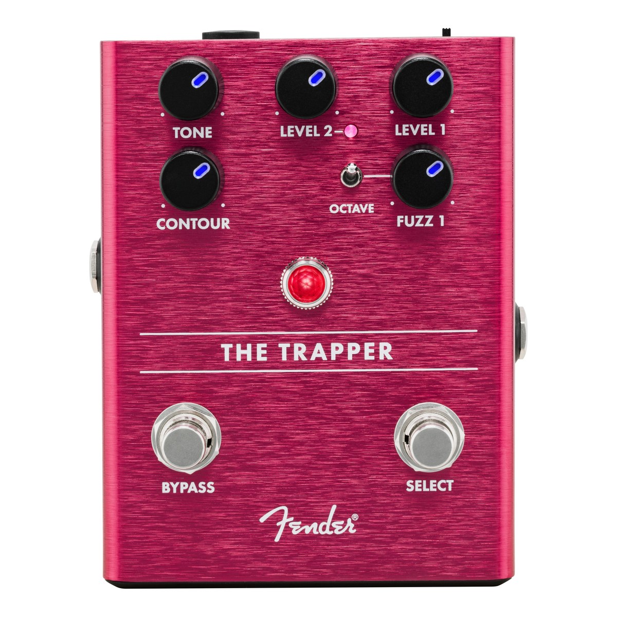 Phơ Fuzz Fender The Trapper Dual Fuzz – mặt trên The Trapper với núm Tone, Level 2, Level 1, Contour, Fuzz 1, công tắc Octave và 2 footswitch Bypass, Select