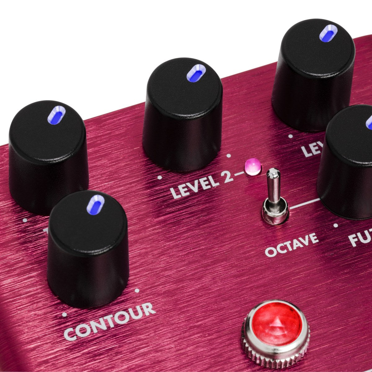 Phơ Fuzz Fender The Trapper Dual Fuzz – cận cảnh núm Contour, Level 2, Fuzz 1 và công tắc Octave