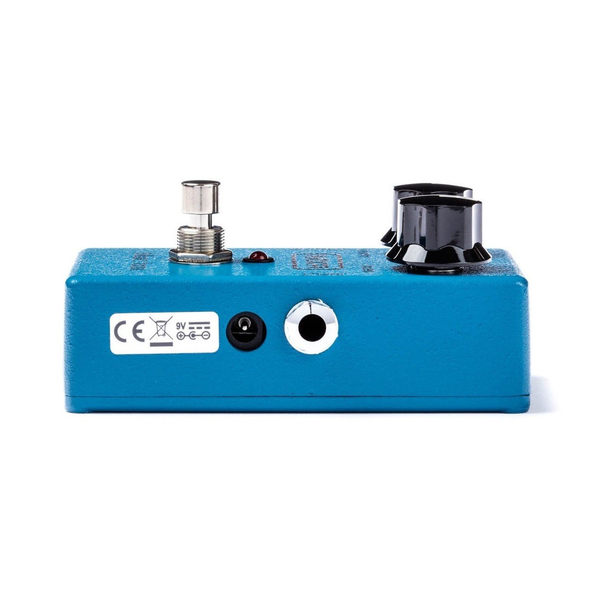 Phơ Fuzz MXR M103 Blue Box Octave Fuzz – cạnh phải với cổng INPUT, jack nguồn DC 9V và tem CE