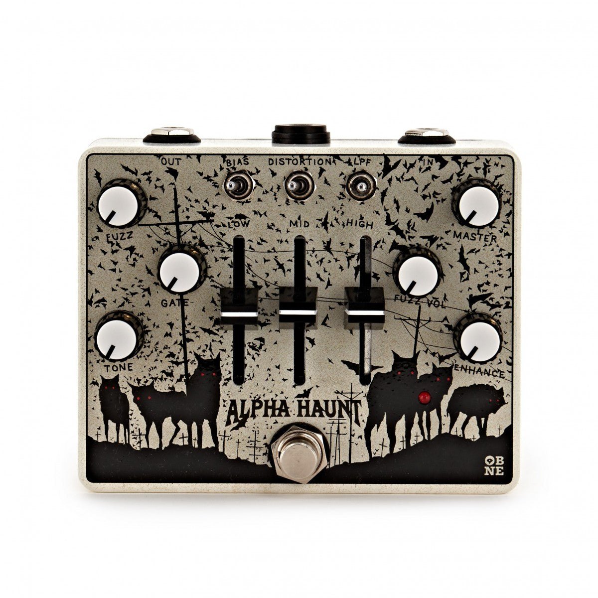 Phơ Fuzz Old Blood Noise Endeavors Alpha Haunt – mặt trên với 3 cần gạt LOW, MID, HIGH và các núm FUZZ, GATE, MASTER