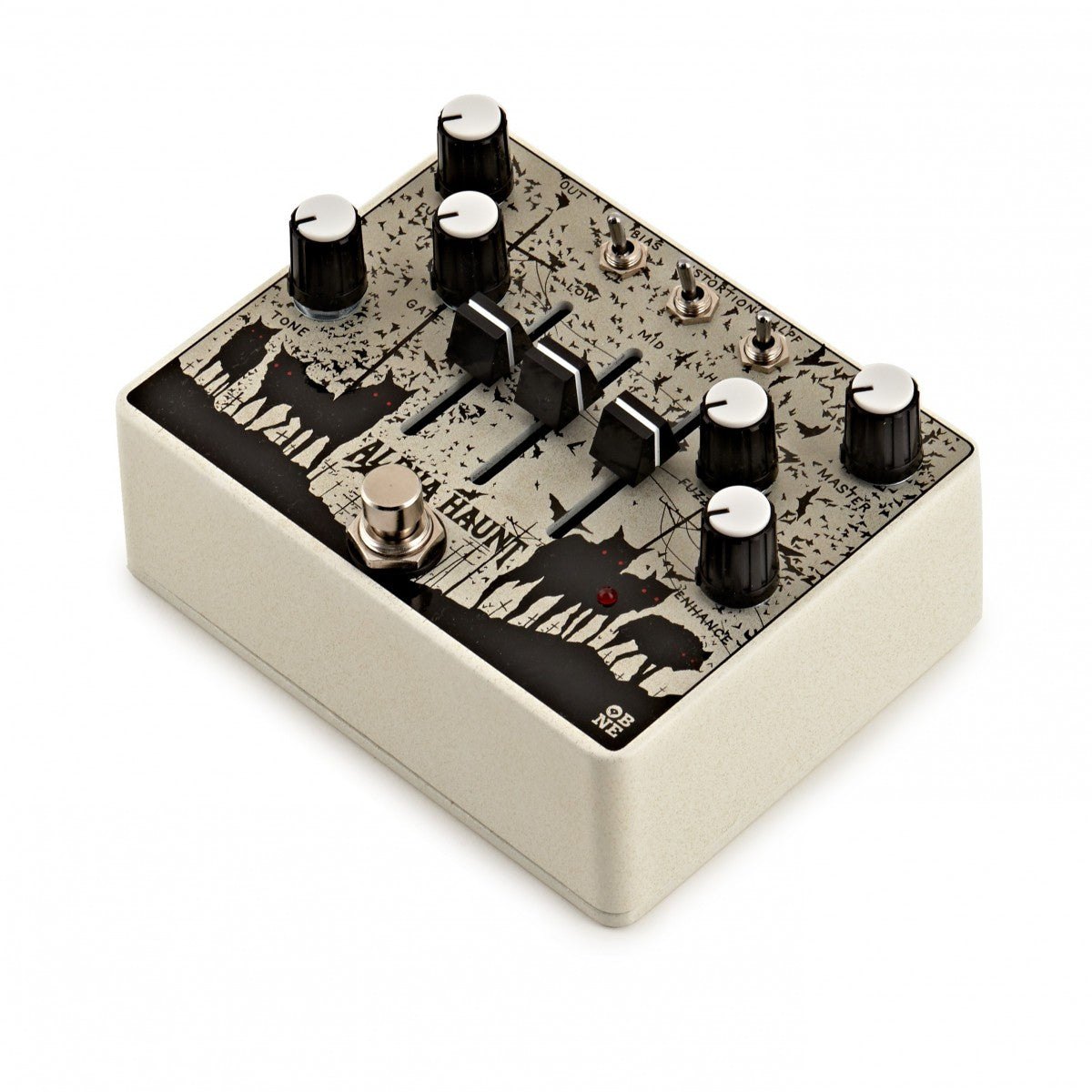 Phơ Fuzz Old Blood Noise Endeavors Alpha Haunt – góc nghiêng 3/4 vỏ màu kem với hoạ tiết bầy sói