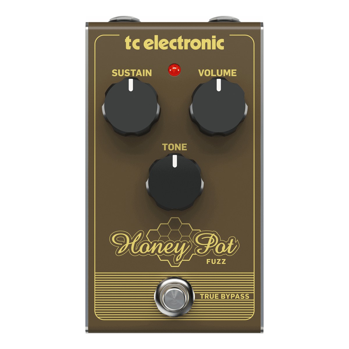 TC Electronic Honey Pot Fuzz nhìn chính diện, 3 núm SUSTAIN, VOLUME, TONE