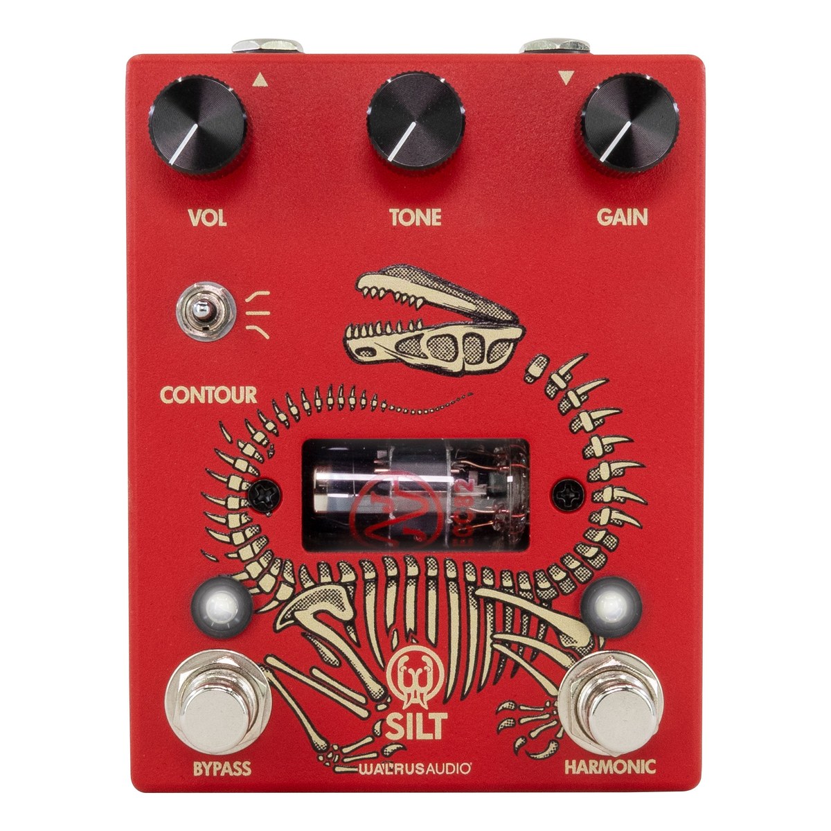Walrus Audio Silt Harmonic Fuzz đỏ nhìn chính diện: núm VOL, TONE, GAIN, công tắc CONTOUR, bóng đèn 12AU7 qua ô cửa sổ, footswitch BYPASS và HARMONIC