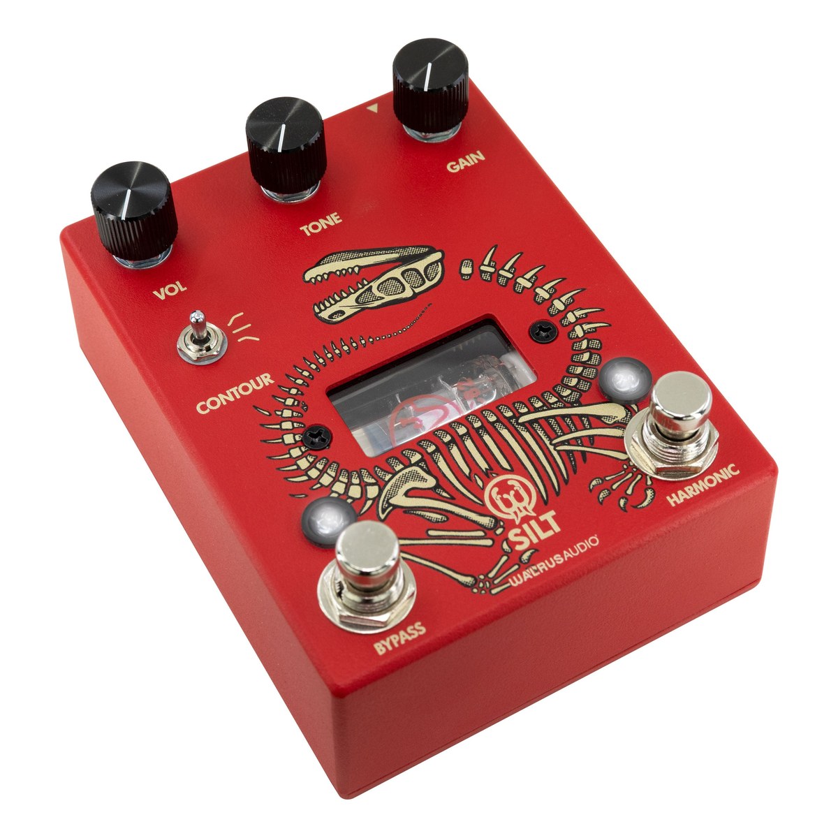 Walrus Audio Silt Harmonic Fuzz đỏ nhìn chếch 3/4 từ phía footswitch, vỏ đỏ hình hóa thạch khủng long