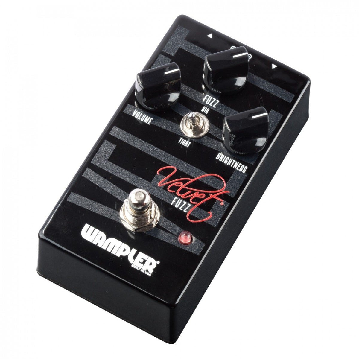 Phơ Fuzz Wampler Velvet Fuzz – góc nghiêng 3/4, vỏ đen chữ Velvet Fuzz đỏ và đèn LED đỏ
