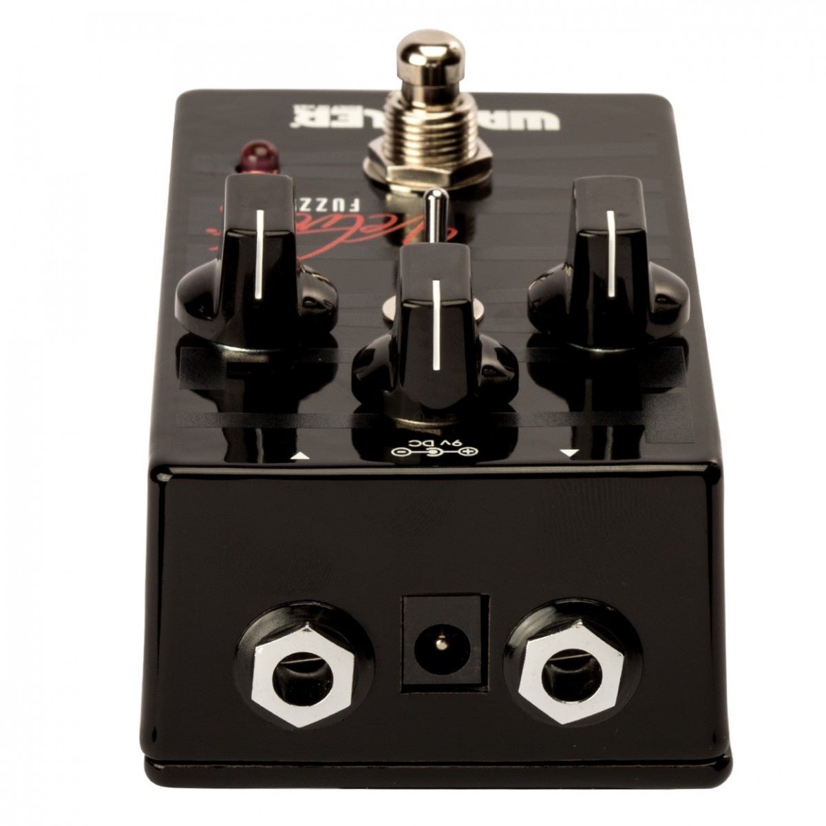 Phơ Fuzz Wampler Velvet Fuzz – cạnh trên với 2 jack input/output và cổng nguồn 9V DC