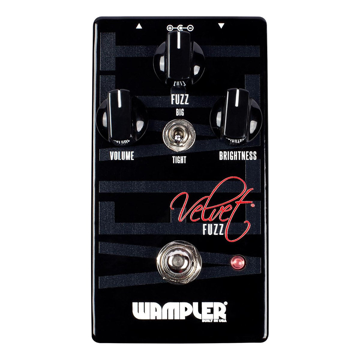 chính diện mặt trên Wampler Velvet Fuzz với 3 núm Volume, Fuzz, Brightness và công tắc Big/Tight