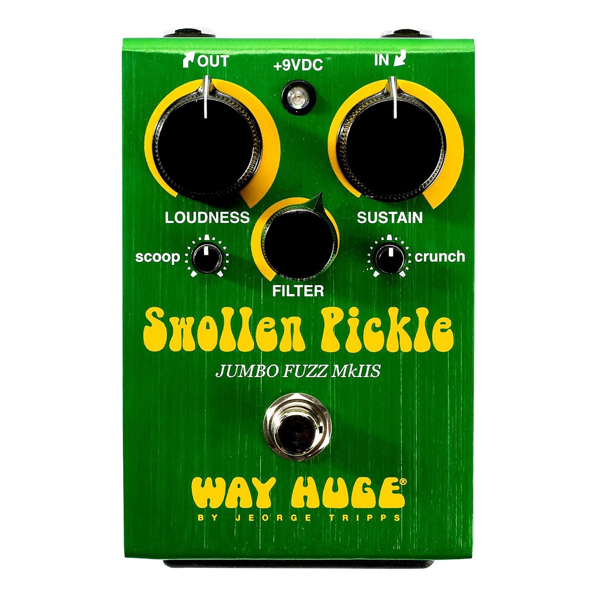 Way Huge Swollen Pickle Jumbo Fuzz MkIIS WHE401S chính diện: núm LOUDNESS, SUSTAIN, FILTER và hai núm nhỏ scoop, crunch