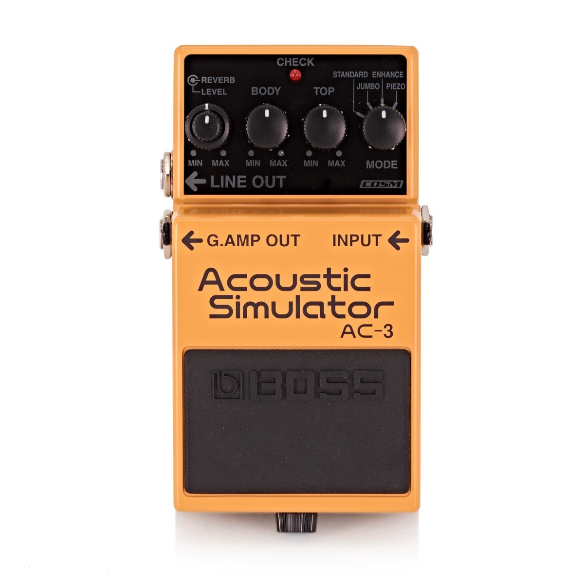 Phơ Giả Lập Acoustic BOSS AC-3 Acoustic Simulator – mặt trên với núm REVERB/LEVEL, BODY, TOP và MODE