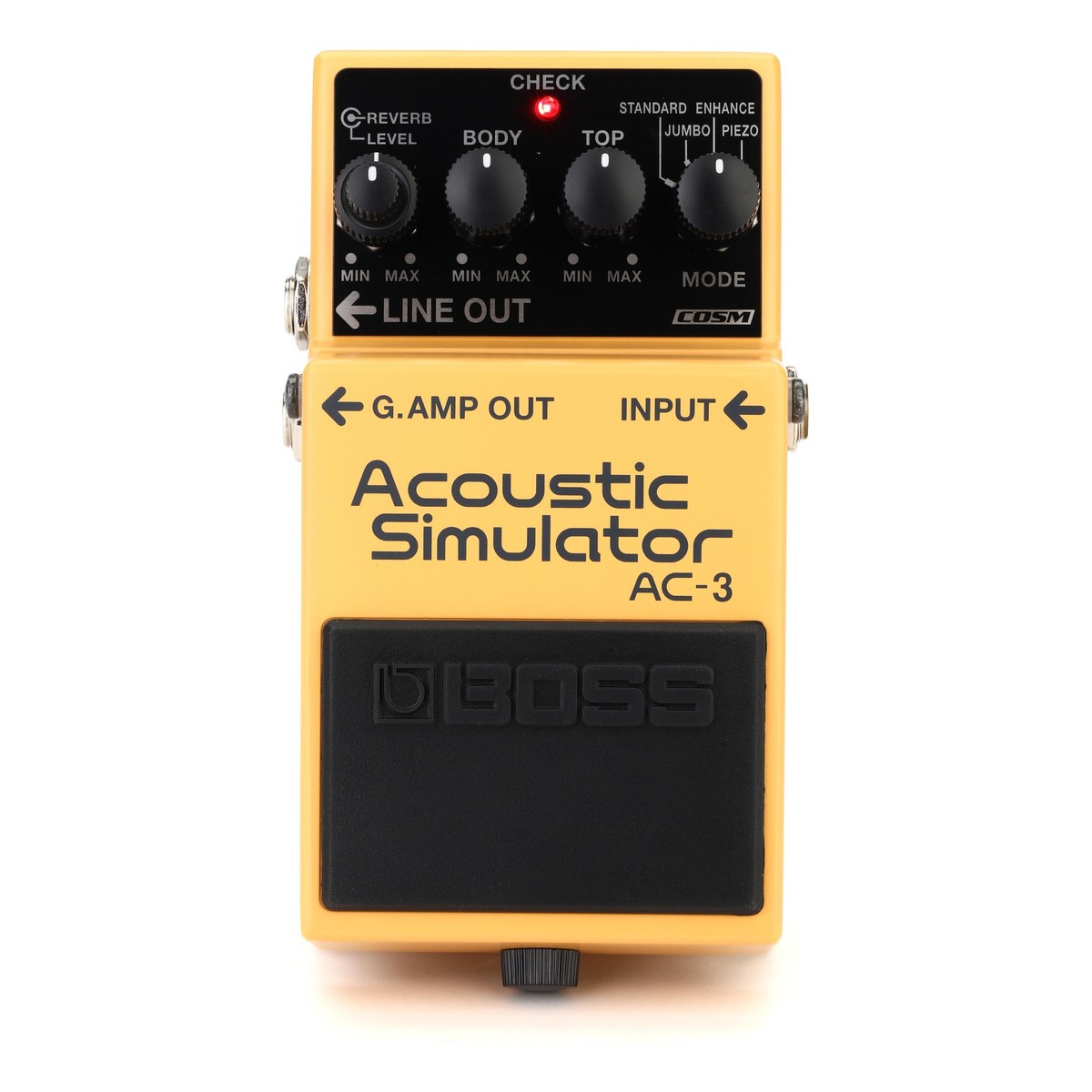 BOSS AC-3 Acoustic Simulator nhìn chính diện: 4 núm REVERB/LEVEL, BODY, TOP, MODE và cổng G.AMP OUT, INPUT