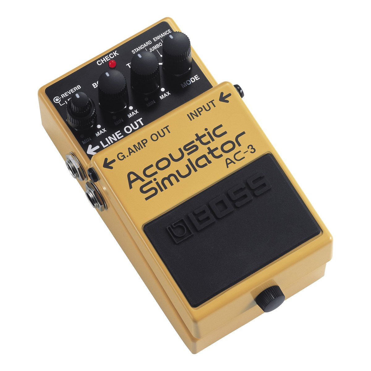 BOSS AC-3 Acoustic Simulator nhìn nghiêng, thấy hai jack G.AMP OUT và LINE OUT bên trái