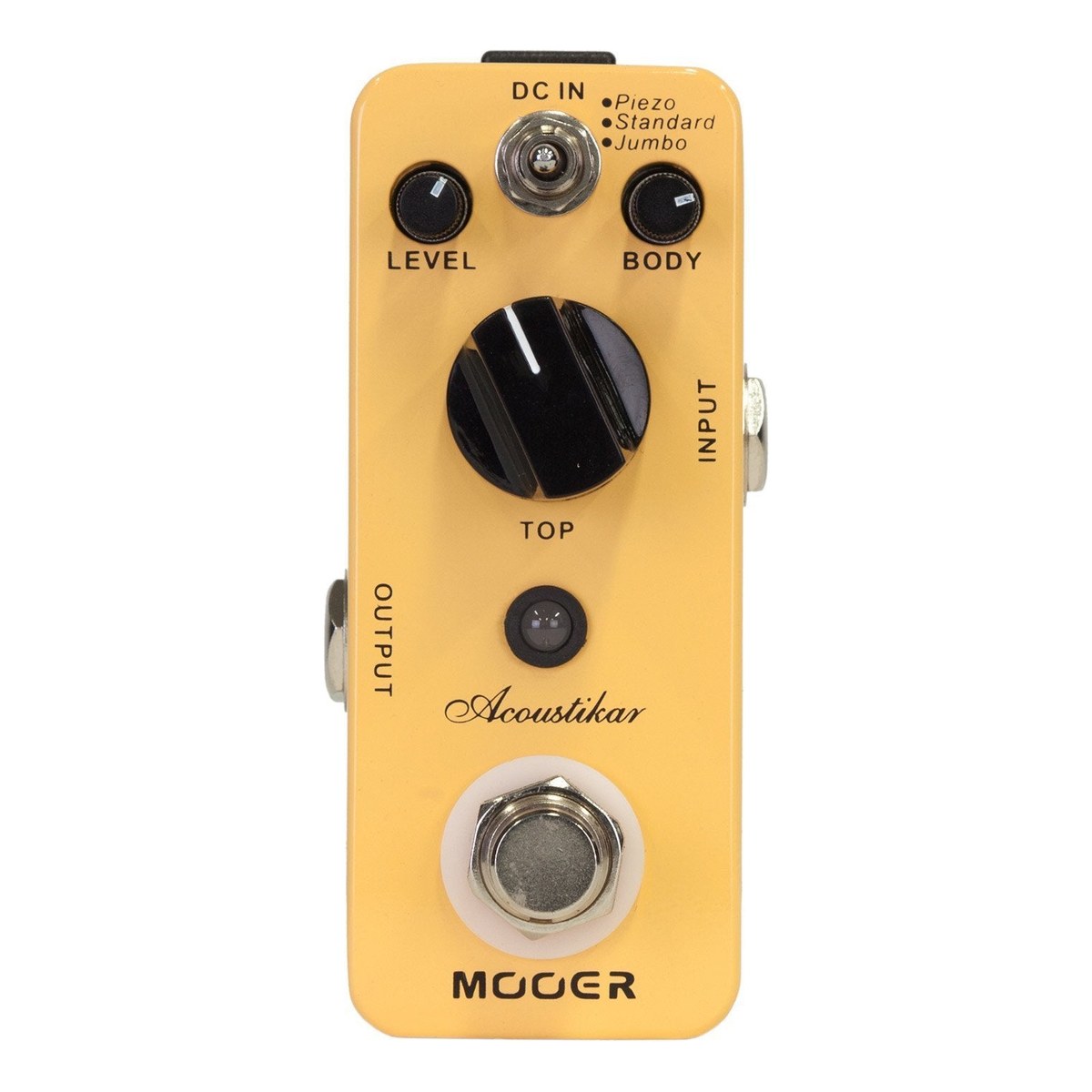 chính diện mặt trên Mooer Acoustikar với núm TOP, LEVEL, BODY và công tắc Piezo/Standard/Jumbo