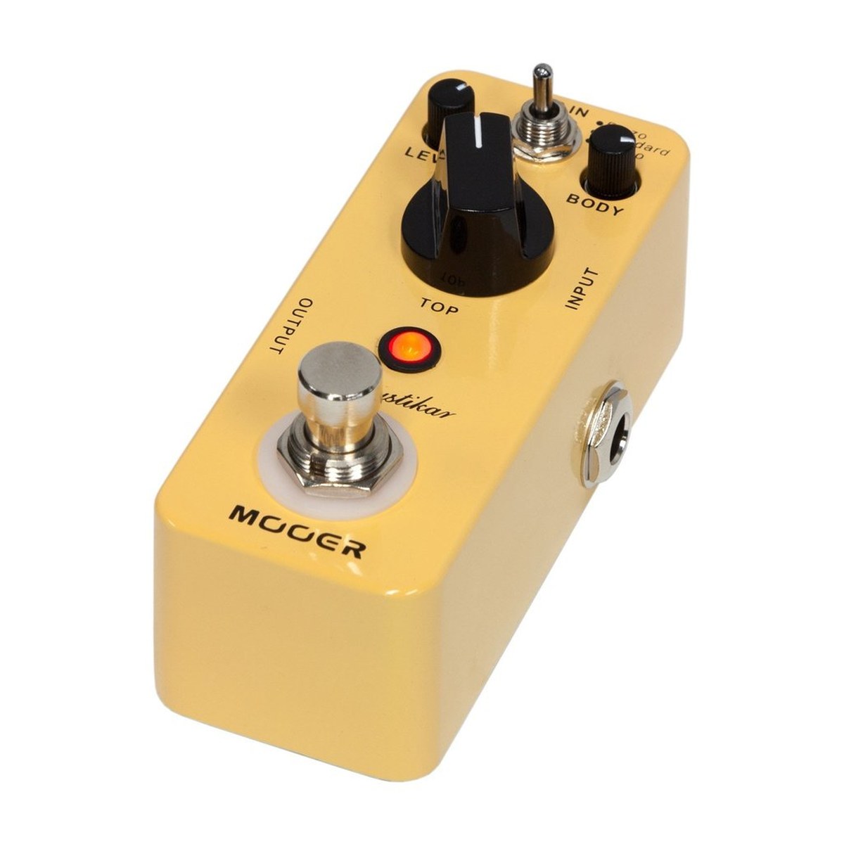 góc nghiêng Mooer Acoustikar đang bật, đèn LED sáng, thấy jack INPUT