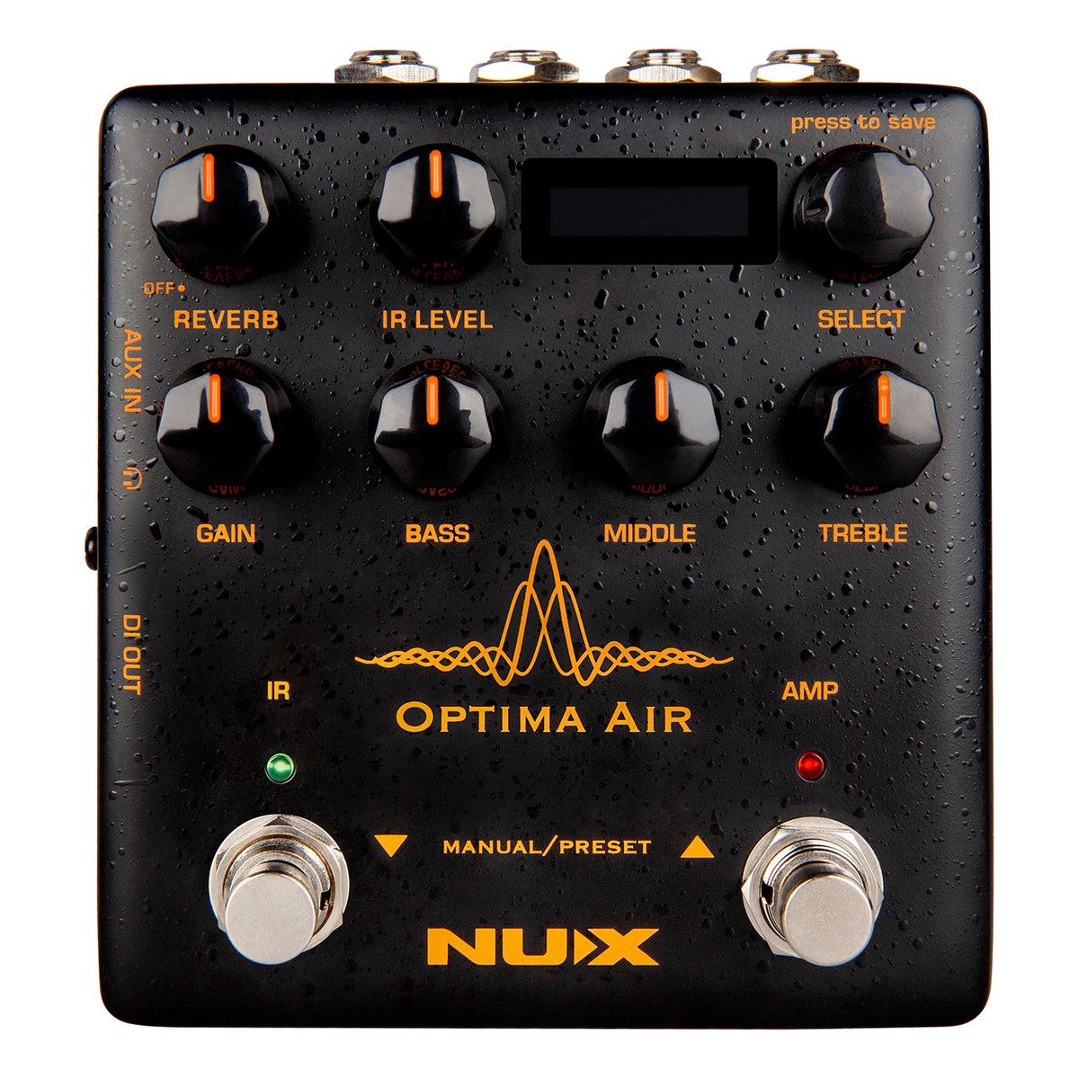 Phơ Giả Lập Acoustic NUX Optima Air NAI-5 – mặt trên NUX Optima Air với núm REVERB, IR LEVEL, SELECT, GAIN, BASS, MIDDLE, TREBLE, màn hình OLED và hai công tắc IR, AMP